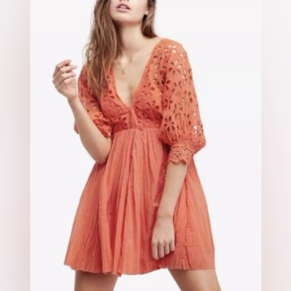 Free People ONE Sunset Orange Lace Cotton Gaze Dress Stretch Waist Boho Beach S